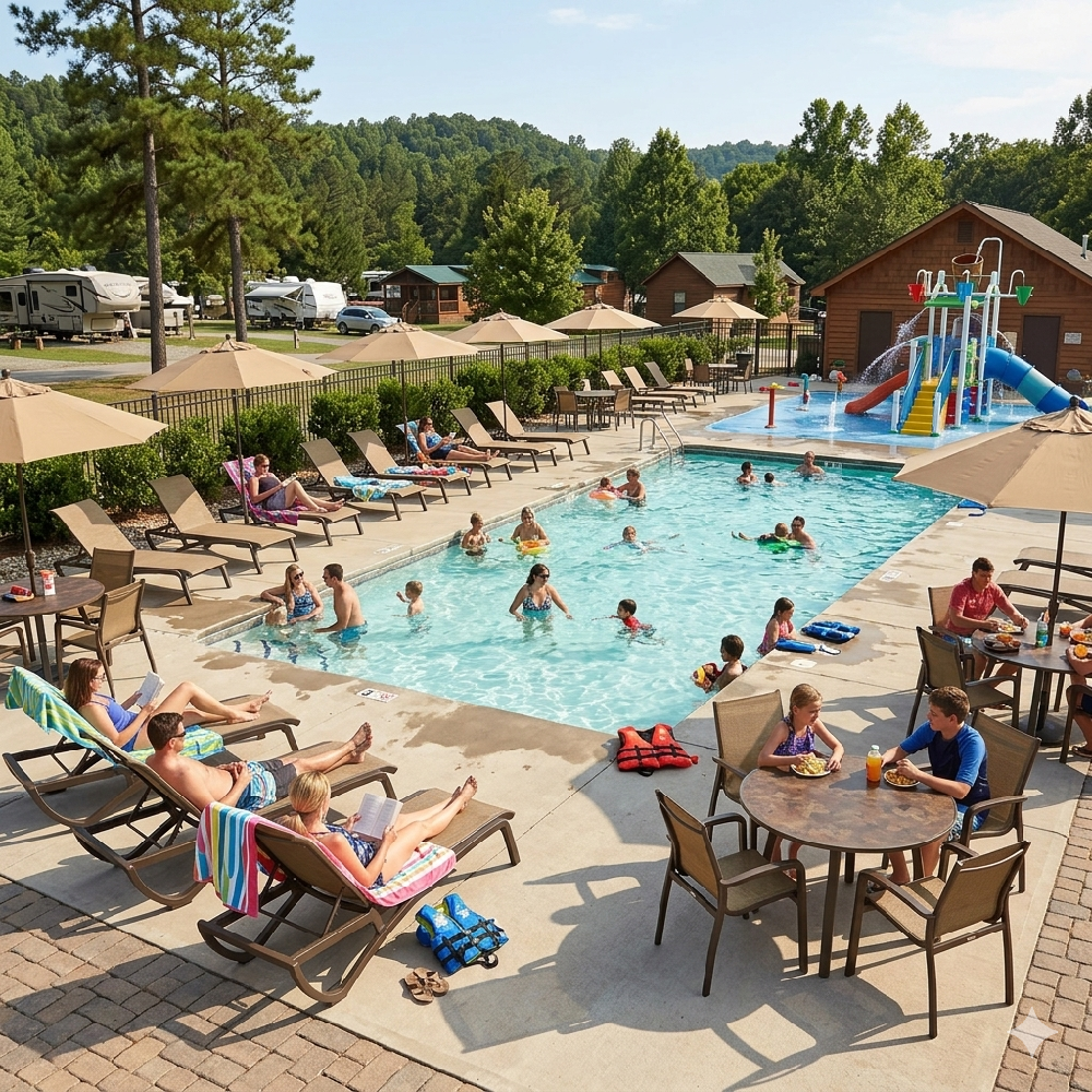 Campground pool with families, lounge chairs, and dining tables showcasing amenities that boost guest satisfaction